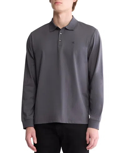 Calvin Klein Men's Smooth Cotton Long-sleeve Polo Shirt In Forged Iron
