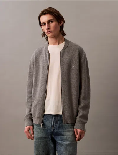 Calvin Klein Men's Smooth Cotton Sweater Bomber Jacket In Medium Grey Heather