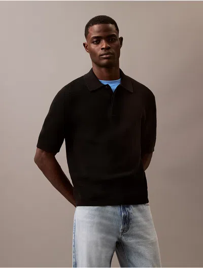 Calvin Klein Men's Smooth Cotton Waffle Classic Polo Shirt In Black