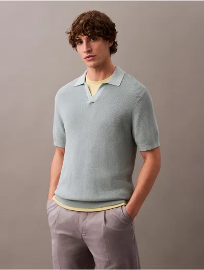 Calvin Klein Men's Textured Cotton Johnny Collar Polo Sweater In Slate