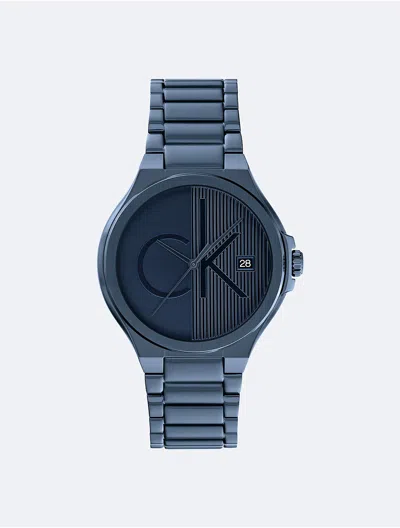 Calvin Klein Men's Textured Monogram Logo Dial Silicone Strap Watch In Blue