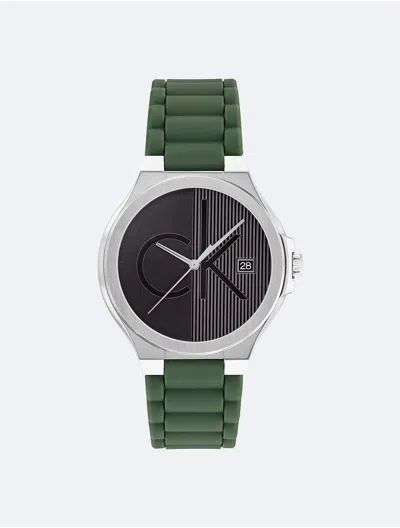 Calvin Klein Men's Textured Monogram Logo Dial Silicone Strap Watch In Green / Gray