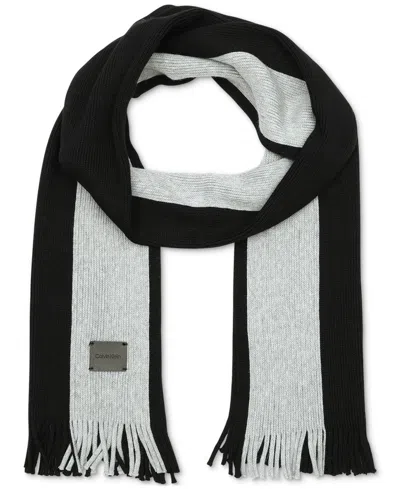Calvin Klein Men's Thick Wool Blend Side Stripe Logo Scarf In Tawny Port Black