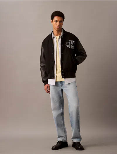 Calvin Klein Men's Varsity Monogram Logo Bomber Jacket In Black