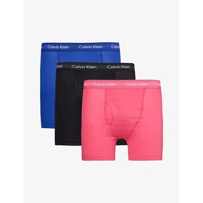 Calvin Klein Branded-waistband Mid-rise Pack Of Three Stretch-cotton Boxer Briefs In Wflower,haway Blue, Blk