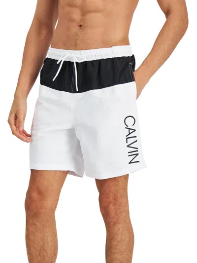 Calvin Klein Mens 7" Inseam Beachwear Swim Trunks In White