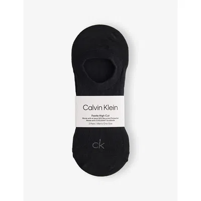 Calvin Klein Mens  Branded Ribbed-trim Pack Of Two Stretch-cotton Footie Socks In Black