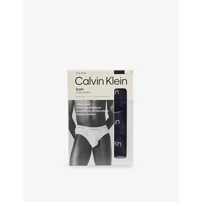 Calvin Klein Mens  Icon Logo-waistband Pack Of Three Stretch-cotton Hip Briefs In Black W/ Black Wb