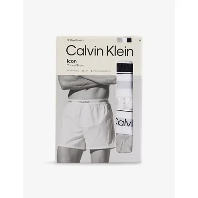 Calvin Klein Mens  Icon Pack-of-three Slim-fit Stretch-cotton Boxer In Black, White, Grey Hthr