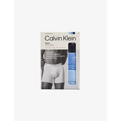 Calvin Klein Mens  Icon Logo-waistband Pack Of Three Stretch-cotton Boxer Briefs In Black/glacier/blue Bell