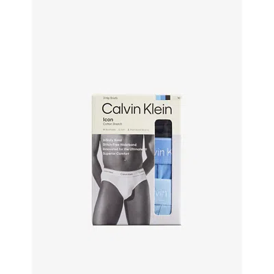 Calvin Klein Mens  Icon Logo-waistband Pack Of Three Stretch-cotton Hip Briefs In Black/glacier/blue Bell