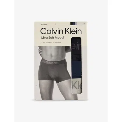 Calvin Klein Mens Blk S/line Gheather Soft Modal Logo-waist Pack Of Three Stretch-jersey Trunks