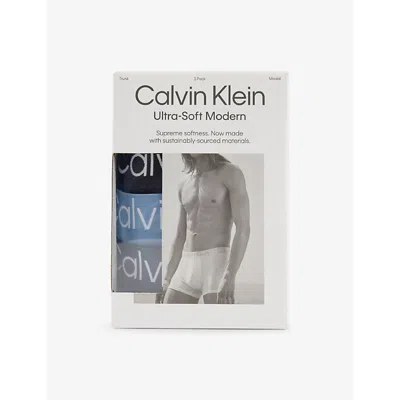 Calvin Klein Mens  Ultra-soft Modern Mid-rise Pack Of Three Stretch-reprocessed-modal Trunks In Blk,trop,hem Blue