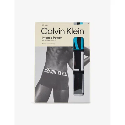 Calvin Klein Mens Blue Black Misty Grey Intense Power Logo-waist Pack Of Three Stretch-jersey Trunks