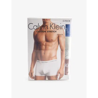 Calvin Klein Mens  Branded-waistband Pack Of Three Stretch-cotton Trunks In Iris,grey,dusty Tan