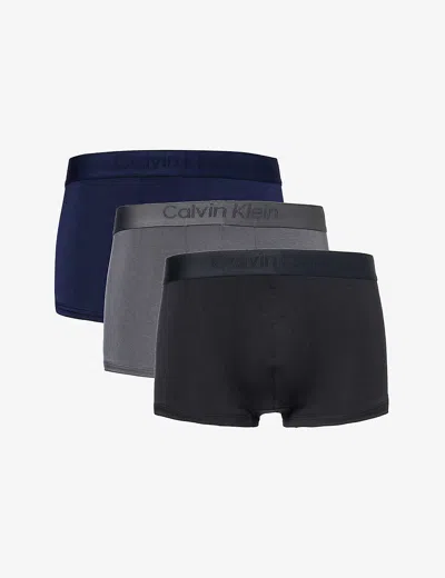 Calvin Klein Mens Blue Grey Elasticated-waistband Pack Of Three Stretch-jersey Trunks