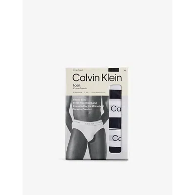 Calvin Klein Mens  Icon Logo-waistband Pack Of Three Stretch-cotton Hip Brief In Black, Black, Black