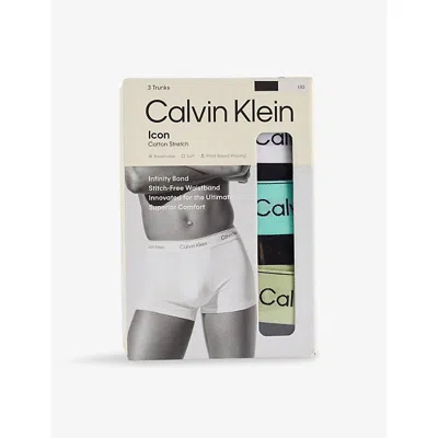Calvin Klein Mens Icon Logo-waistband Pack Of Three Stretch-cotton Trunks Wht Blue Leafy Fun Wbs Xl In Multi
