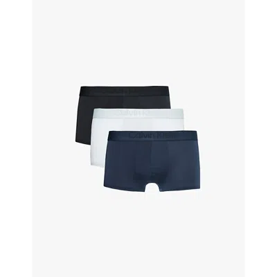 Calvin Klein Mens  Logo-waistband Pack-of-three Lyocell-blend Trunks In Black, Ink, Plein Air