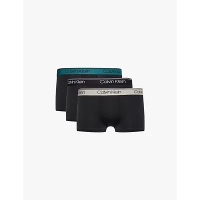Calvin Klein Mens  Logo-waistband Pack-of-three Microfibre-stretch Trunks In B-blk,ash,mediterr Wbs