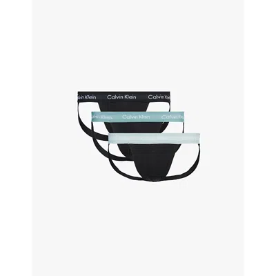 Calvin Klein Mens  Logo-waistband Pack-of-three Stretch-cotton Jock Straps In B-blk,shad,slate Tuq Wbs