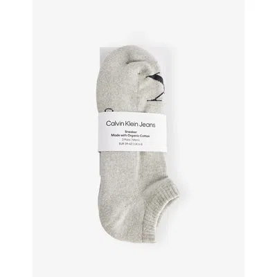 Calvin Klein Mens Grey Melange Monogram Stretch-cotton Trainer Socks Pack Of Two In Gray