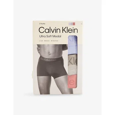 Calvin Klein Mens S/water Grey Fuchsia Soft Modal Logo-waist Pack Of Three Stretch-jersey Trunks In Multi