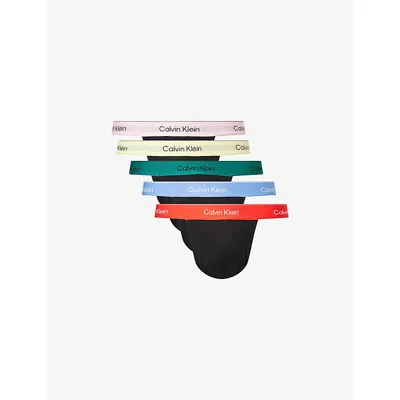 Calvin Klein Mens Glcr Mltn Pl Ylw Blk Icon-pride Jock-strap Pack Of Five Cotton-jersey Briefs Xl In Multi