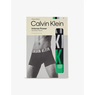 Calvin Klein Mens Grey Blk Blossom Grn Intense Power Logo-waist Pack Of Three Stretch-jersey Trunks Xxl