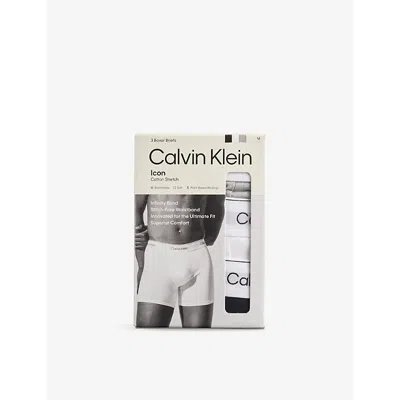 Calvin Klein Mens  Icon Logo-waistband Pack Of Three Stretch-cotton Boxer Briefs In Grey Heather, White, Blk