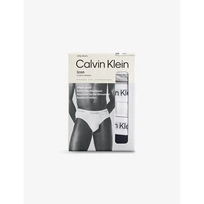 Calvin Klein Mens  Icon Logo-waistband Pack Of Three Stretch-cotton Hip Briefs In Grey Heather, White, Blk