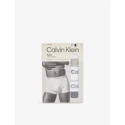 Calvin Klein Mens  Icon Logo-waistband Pack Of Three Stretch-cotton Trunks In Grey Heather White Blk