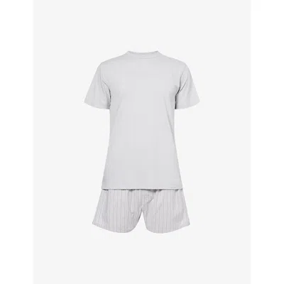 Calvin Klein Mens Harbor Mist/strip Mist Icon Short-sleeve Cotton Boxer Set In Gray