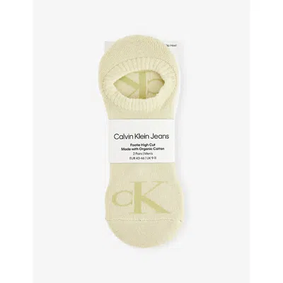 Calvin Klein Mens Light Green/white Footie High Cut Two-pack Cotton-blend Socks