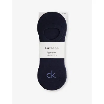 Calvin Klein Mens Navy Footie High Stretch Cotton-blend Socks Pack Of Three In Blue