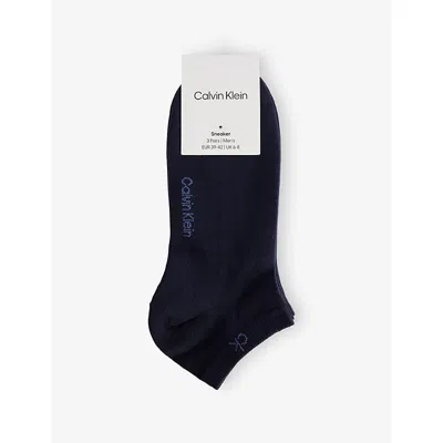 Calvin Klein Mens Navy Logo-print Stretch Cotton-blend Trainer Socks Pack Of Three In Blue