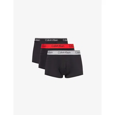 Calvin Klein Mens  Branded -waistband Low-rise Pack Of Three Stretch-jersey Trunks In Black