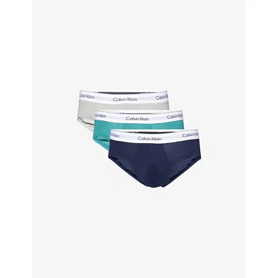 Calvin Klein Mens S/line Grey Lively Teal Icon Logo-waist Pack Of Three Cotton-jersey Briefs In Multi