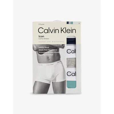 Calvin Klein Mens S/line Grey Lively Teal Icon Pack-of-three Stretch-cotton Trunks