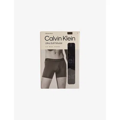 Calvin Klein Mens Black Black Black Soft Modal Logo-waist Pack Of Three Stretch-jersey Briefs