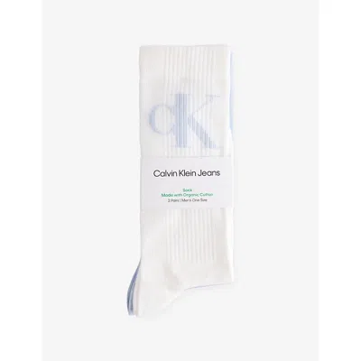 Calvin Klein Mens  Shadow-logo Ribbed Pack Of Two Crew Socks In White