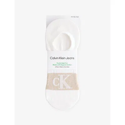 Calvin Klein Mens  Footie High-cut Pack Of Two Stretch Cotton-blend Liner Socks In White/khaki