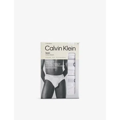 Calvin Klein Mens  Icon Logo-waistband Pack Of Three Stretch-cotton Hip Briefs In White/white/white