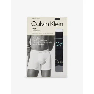 Calvin Klein Mens Wht Blue Leafy Fun Lgs Icon Pack-of-three Stretch-cotton Boxers