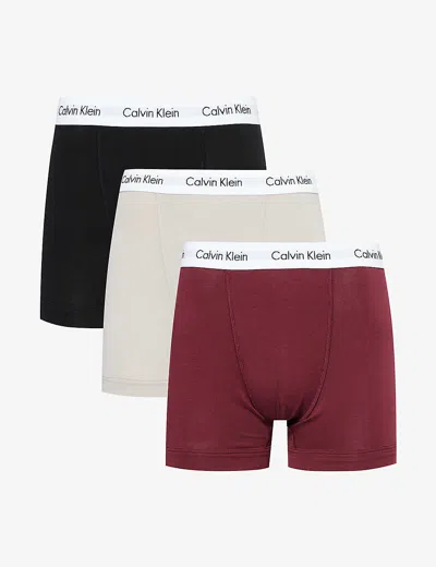 Calvin Klein Mens Multi Branded-waistband Mid-rise Pack Of Three Stretch-cotton Trunks In Multi-coloured