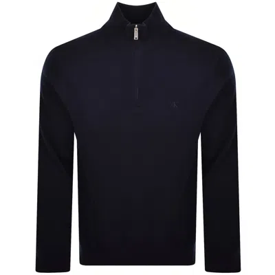 Calvin Klein Merino Wool Zip Neck Jumper Navy In Blue