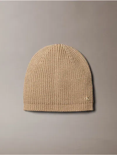 Calvin Klein Metallic Knit Beanie In Brown