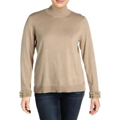 Calvin Klein Metallic Ruffle Sleeves Mock Sweater In Brown