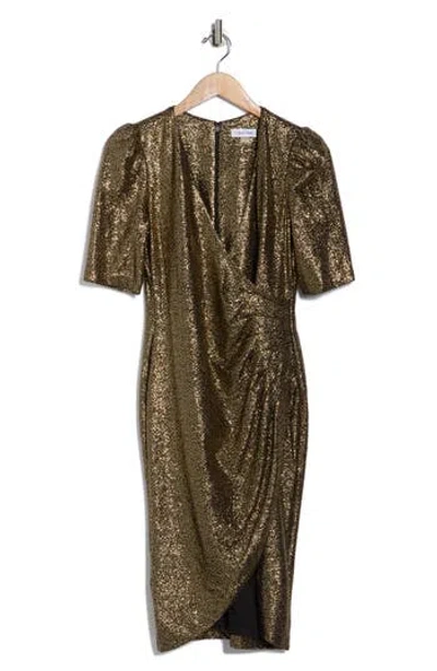 Calvin Klein Metallic Short Sleeve Faux Wrap Dress In Multi