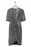 Calvin Klein Metallic Short Sleeve Faux Wrap Dress In Silver